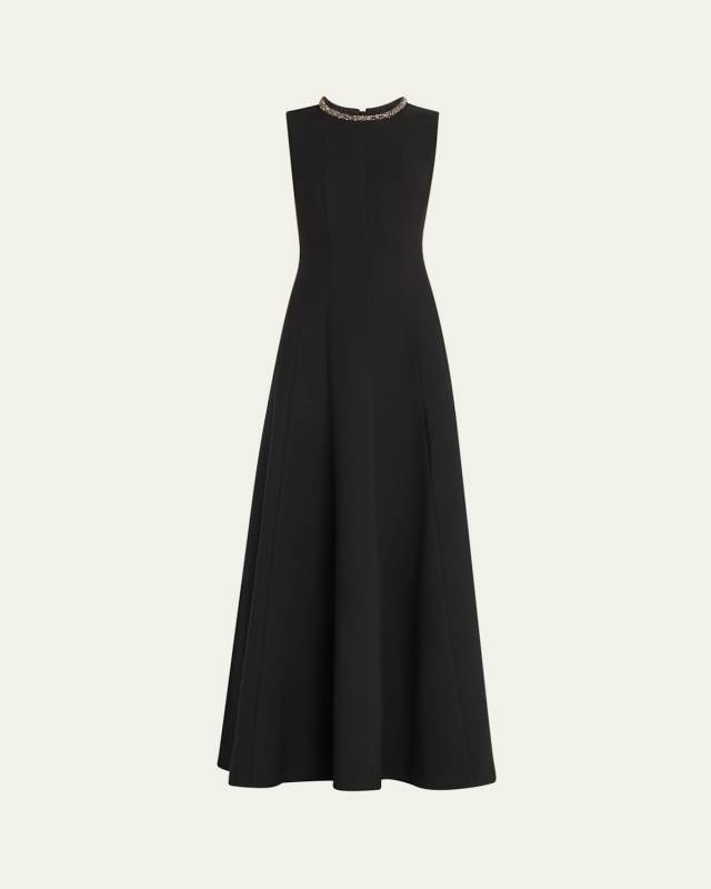 Fit-and-Flare Wool Silk Dress with Diamante Neck